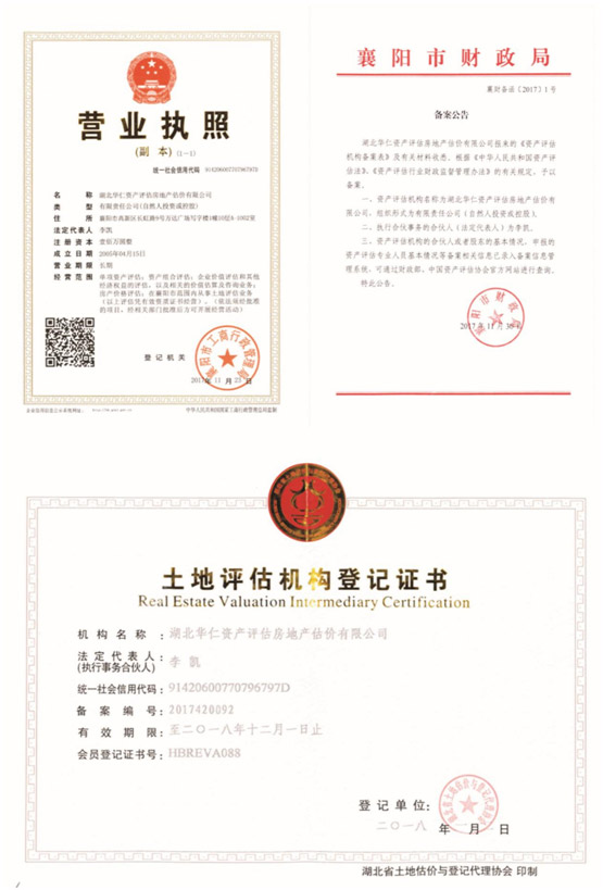 華仁資產(chǎn)評(píng)估房地產(chǎn)估價(jià)有限公司營(yíng)業(yè)執(zhí)照、資產(chǎn)評(píng)估備案公告、土地評(píng)估機(jī)構(gòu)登記證書.jpg